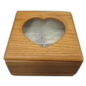 Oak Wood Etched Glass Roses Hinged Jewelry Box  6x6x3